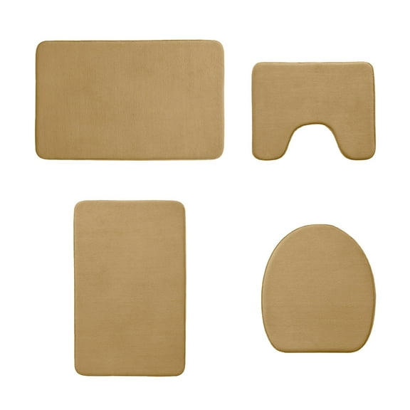 Btomtd 4pcs Solid Color Bath Rug Set Floor Mat Foam Base Absorbent Toilet Cover Machine Washable Carpet Decor, Khaki