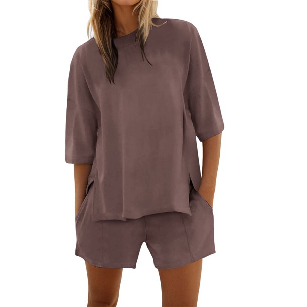 Conjunto de pantalones cortos y camiseta de manga media para mujer: conjunto de dos piezas oversize con cuello redondo para entrenar en verano