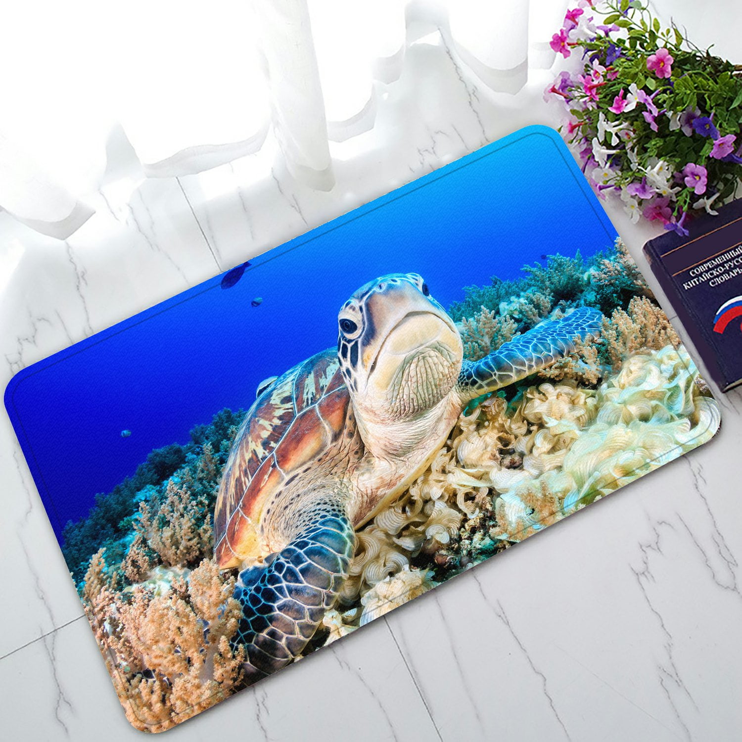 PHFZK Seascape Doormat, Underwater World with Sea Turtle and Coral