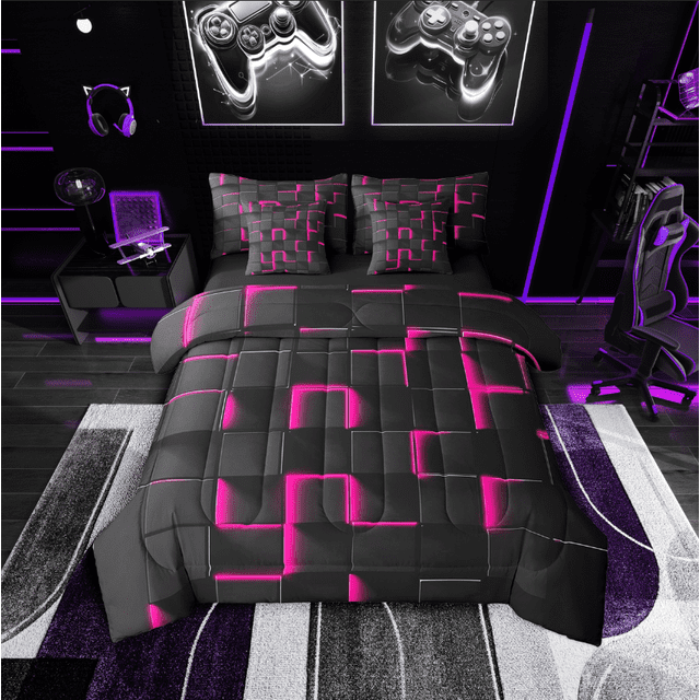 Erosebridal Gradient Checkered Bedding Sets Twin Size,Buffalo Stereoscopic Comforter Sets with Sheets,Geometry Decor,Reversible,7pcs