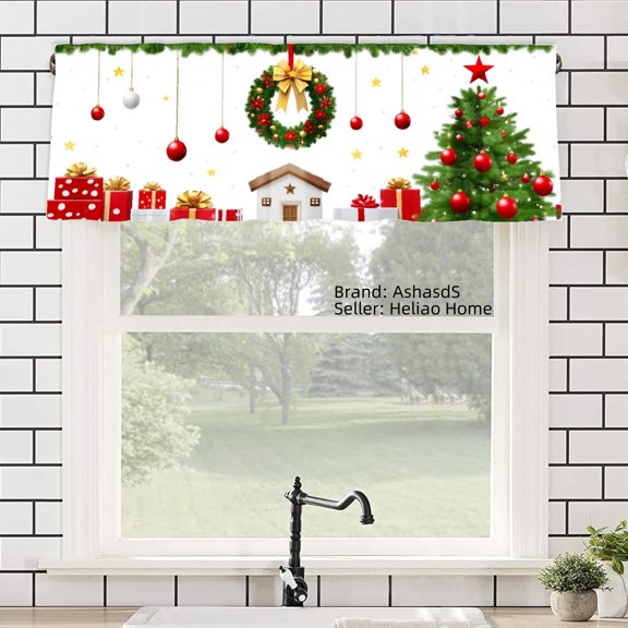 AshasdS Christmas Window Valance Curtain with Santa House, Tree, Wreath and Gifts Design for Home Kitchen Living Room Bedroom Bathroom Decor 54x18 inch