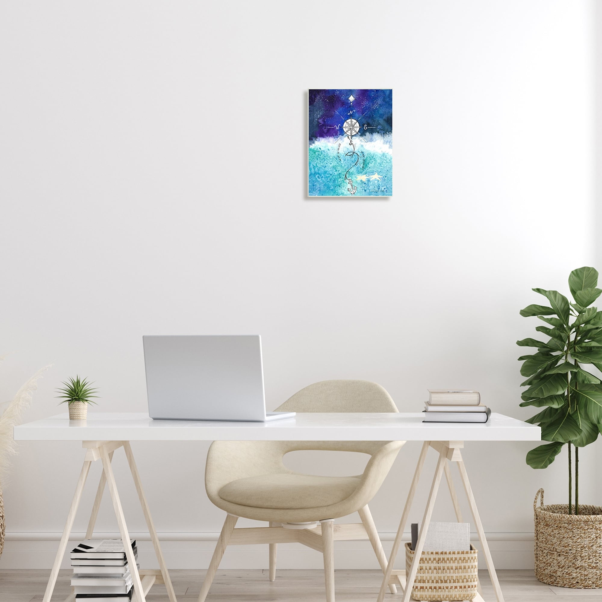 Night Sky Blue Ombre Ocean Waves Nautical Compass Anchor Coastal Painting Unframed Art Print Wall Art