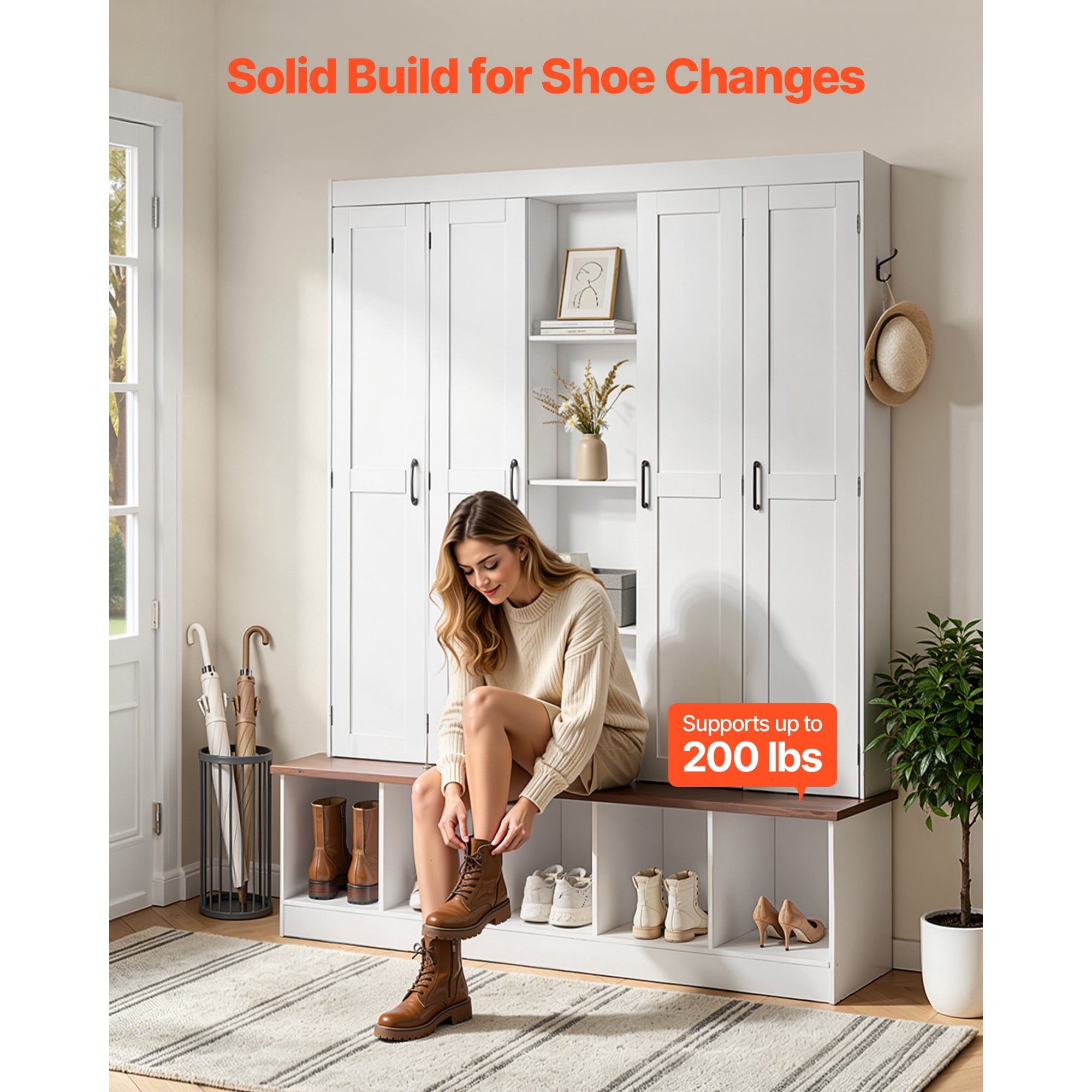 KFFKFF 4-in-1 Entryway Hall Tree with Bench, Hooks, Storage Cabinet, and Shoe Organizer, 63" Wide Wooden Furniture for Mudroom, Hallway, and Entryway, White