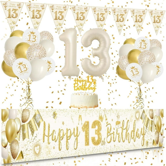 13th Birthday Decorations for Girls Boys,13th Birthday Decoration Kit with Sand White Gold Happy Birthday Banner, Confetti Balloons, Number 13 Balloon Triangle Flag