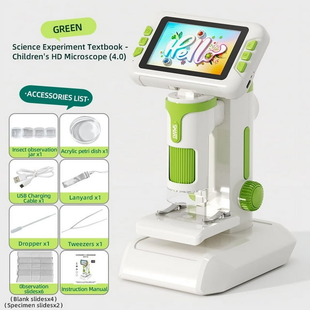 Kids' Educational Science Microscope Kit with 4.0 HD Display - 1600x Magnification, 3.97-inch Screen, Rechargeable Lithium Battery, 3 Light Levels, 8 Volume Settings, Includes Slides, Tweezers,