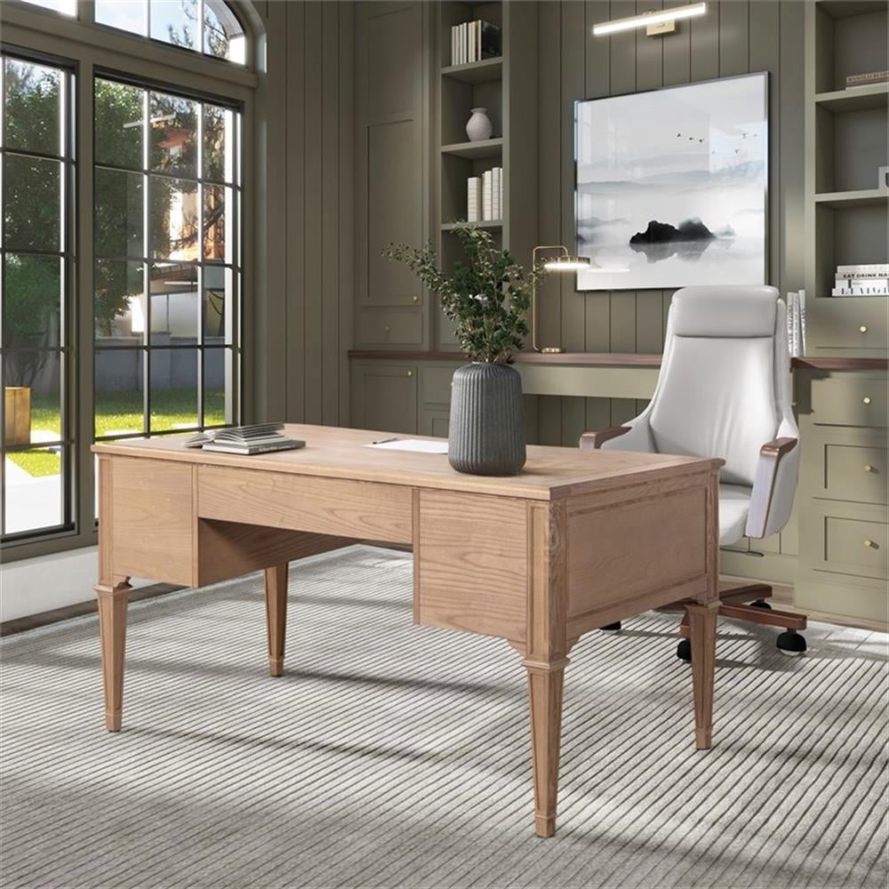 Pemberly Row Gold Accent 5-Drawer Wood Executive Desk Natural Brown Wood
