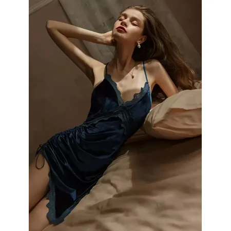 

Sexy Lace Trim Velvet Babydoll Criss Cross Back Plunging Side Slit Slip Mini Dress Women‘s Lingerie & Underwear