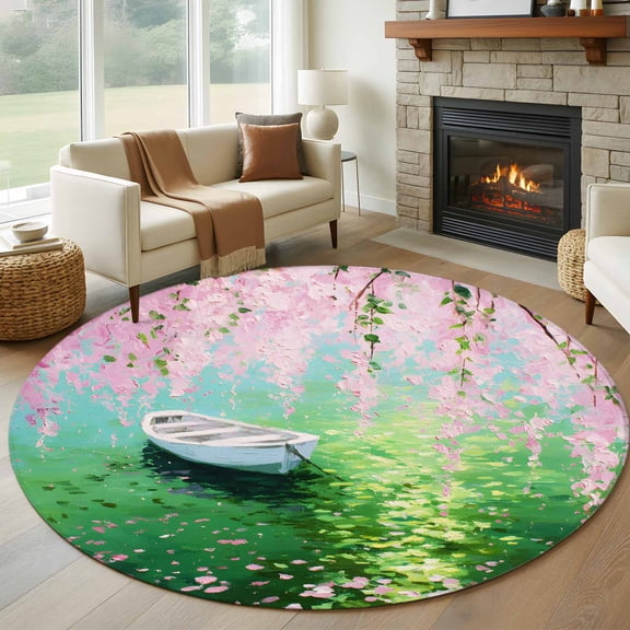 Round Area Rug 8 Ft, Pink Flowers Washable Non-Slip Circle Carpet for Living Room/Bedroom, Green Lake Spring Plants Small Boat Collection Low-Profile Large Area Rugs for Indoor