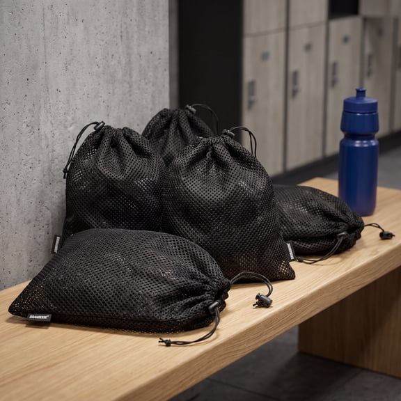 SWETRACE 5-Pack Black Polyester Mesh Storage Bags with Drawstring Closure for Organizing and Carrying