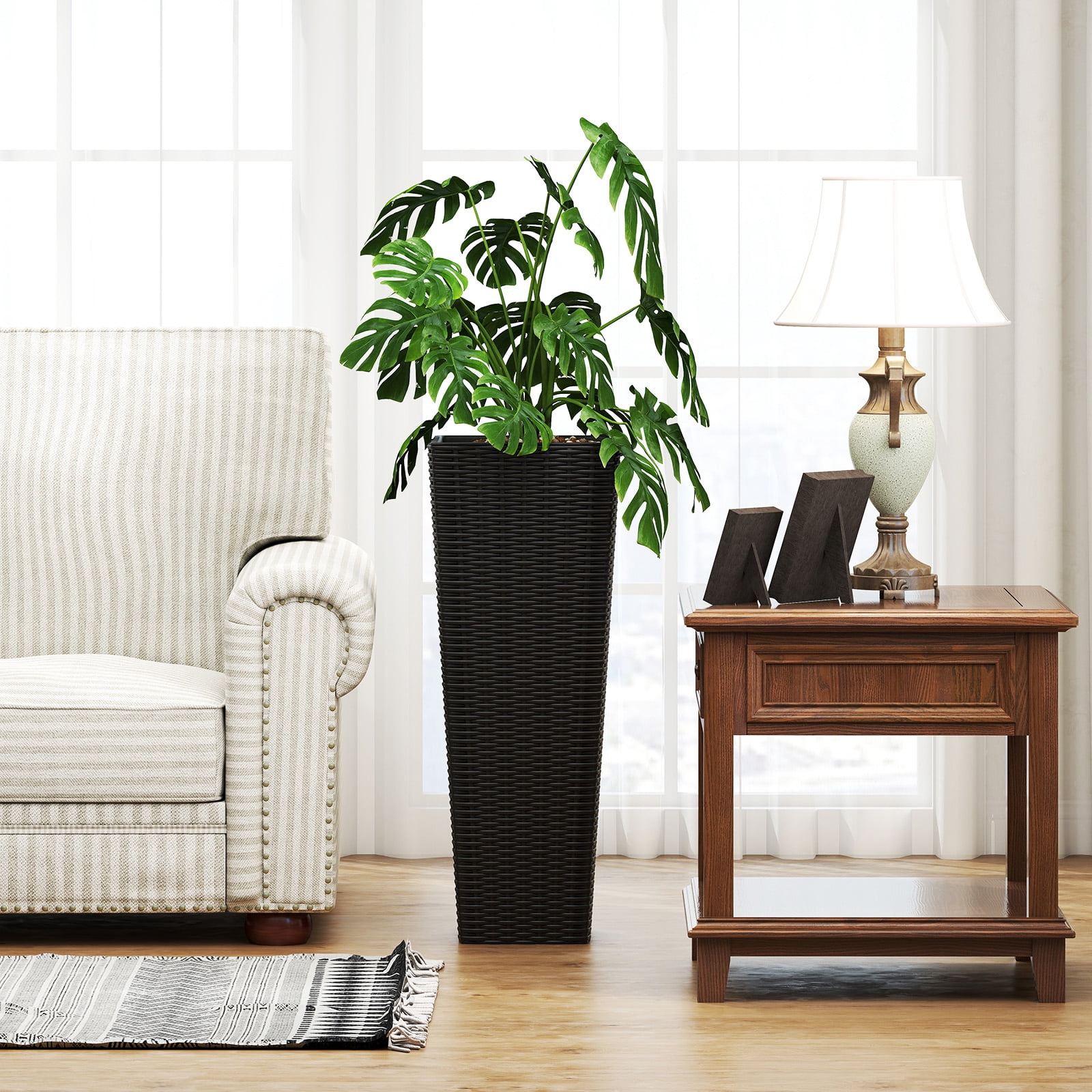 Patiojoy Set of 2 Planters for Outdoor Plants Tall Tapered Plants w/Inner Trays Drainage Holes Black