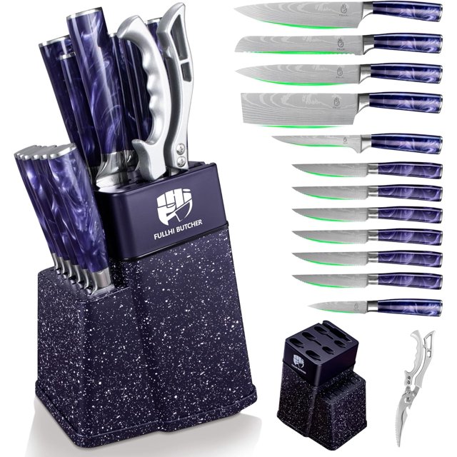 FULLHI 14pcs Block Knife Set, Chef's Knife Steak Knives Set with Block and Sharpener, Kitchen Knife Set, Multi-Colour Handle, Gifts for Men Women (Purple Resin)