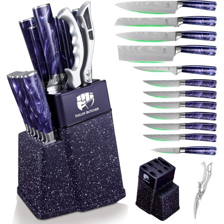 14-Piece Knife Set with Block & Sharpener – Chef’s/Steak Knives, Multi-Colour Handles, Kitchen Gifts