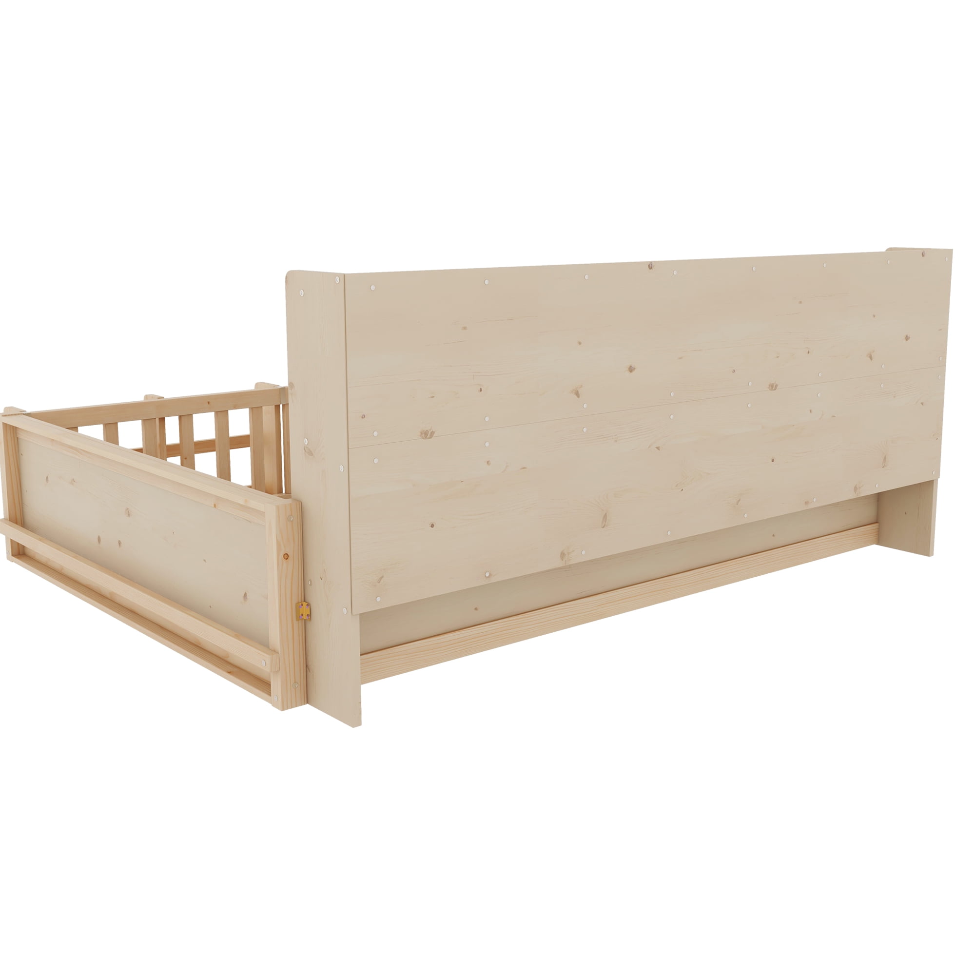 Mintazer Full Size Montessori Floor Bed with Bookshelf & Guardrails, Kids Platform Bed Frame with Storage Cubbies for Bedroom, Natural