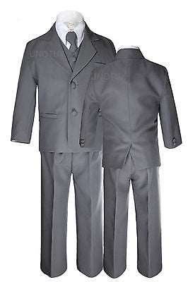 7pc Baby Toddler Kid Formal Wedding Tuxedo Boy Dark Grey Suit Satin Vest Tie S-7 