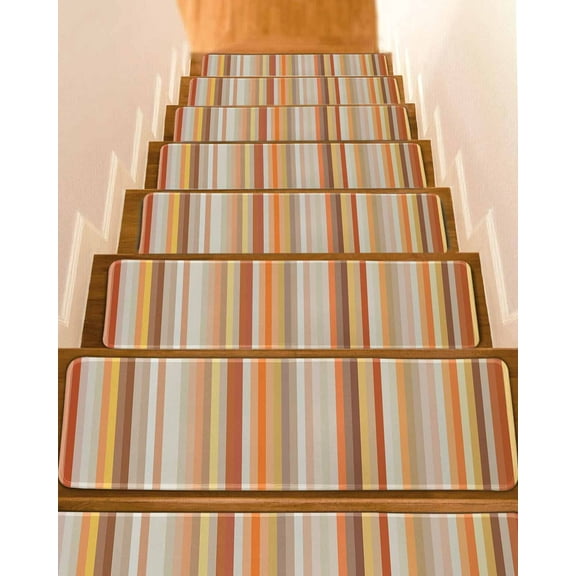 Burnt Orange Striped Stair Treads for Wooden Steps Indoor Runner Rug Carpet, Farmhouse Orange Ombre Stripes 15 Pieces Peel and Stick Staircase Step Treads Covers Washable Throw Door Mats, 30"x8"