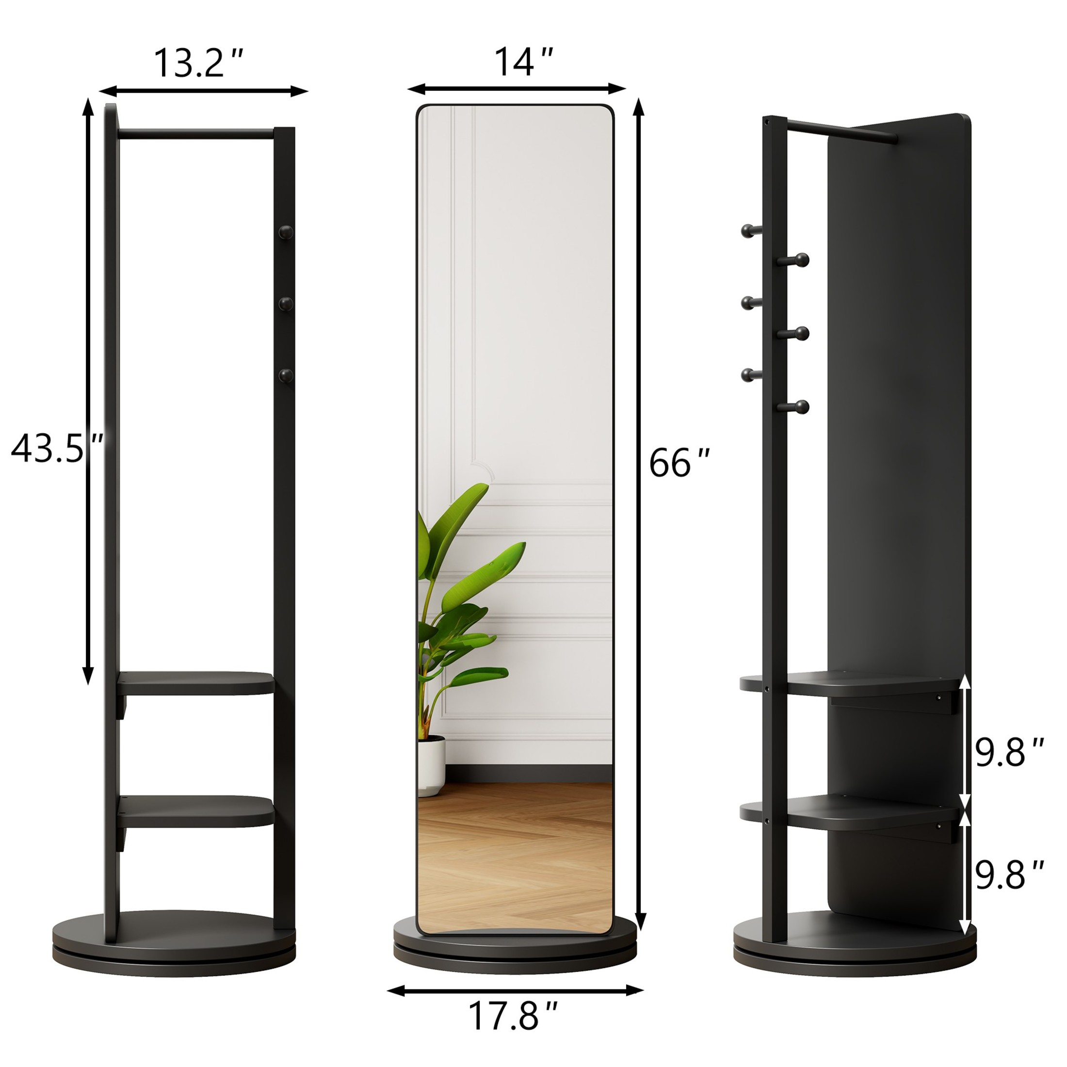 Noble House Gunther 360° Rotating Full-Length Mirror Coat Rack, Solid Rubberwood, for Small Space, Large, Black