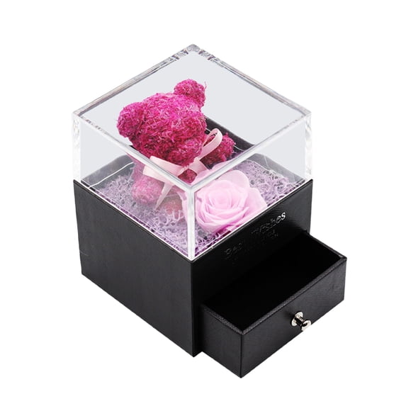 ITFABS Valentines Gift Teddy Bear Preserved Flower Jewelry Box with Drawer