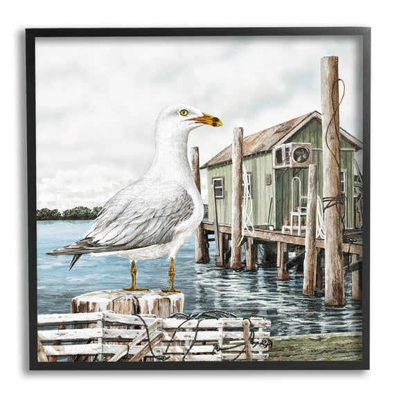 Coastal Seagull Perched Dock Marina Animals & Insects Painting Black Framed Art Print Wall Art