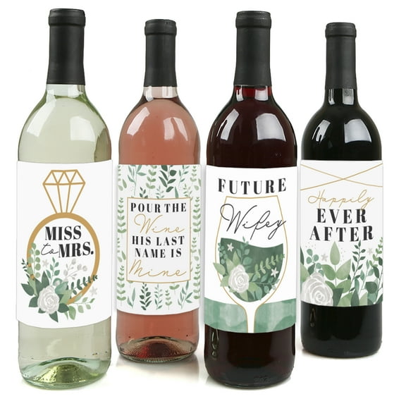 Big Dot of Happiness Boho Botanical Bride - Greenery Bridal Shower & Wedding Party Decorations - Wine Bottle Label Stickers - Set of 4