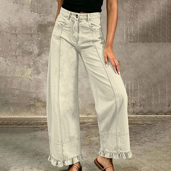 WGRFFH Barrel Jeans Women,High Waisted Baggy Jeans,2026 Wide Leg Jeans,Ankle Denim Pants with Vertical Seams,Y2k Patchwork Baggy Boyfriend Denim Pants,Ruffled Hem Fall Long Trousers Beige