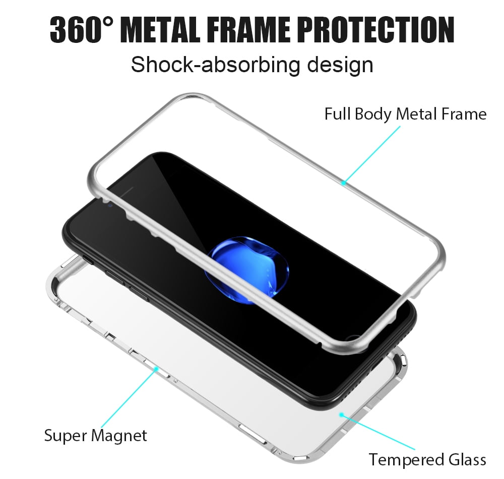 Case for iPhone 8 Plus, Nakedcellphone [Silver] MAGNETIC Snap-On Aluminum  Cover with Transparent Rear 9H Hard TEMPERED GLASS Clear Protector for  Apple 