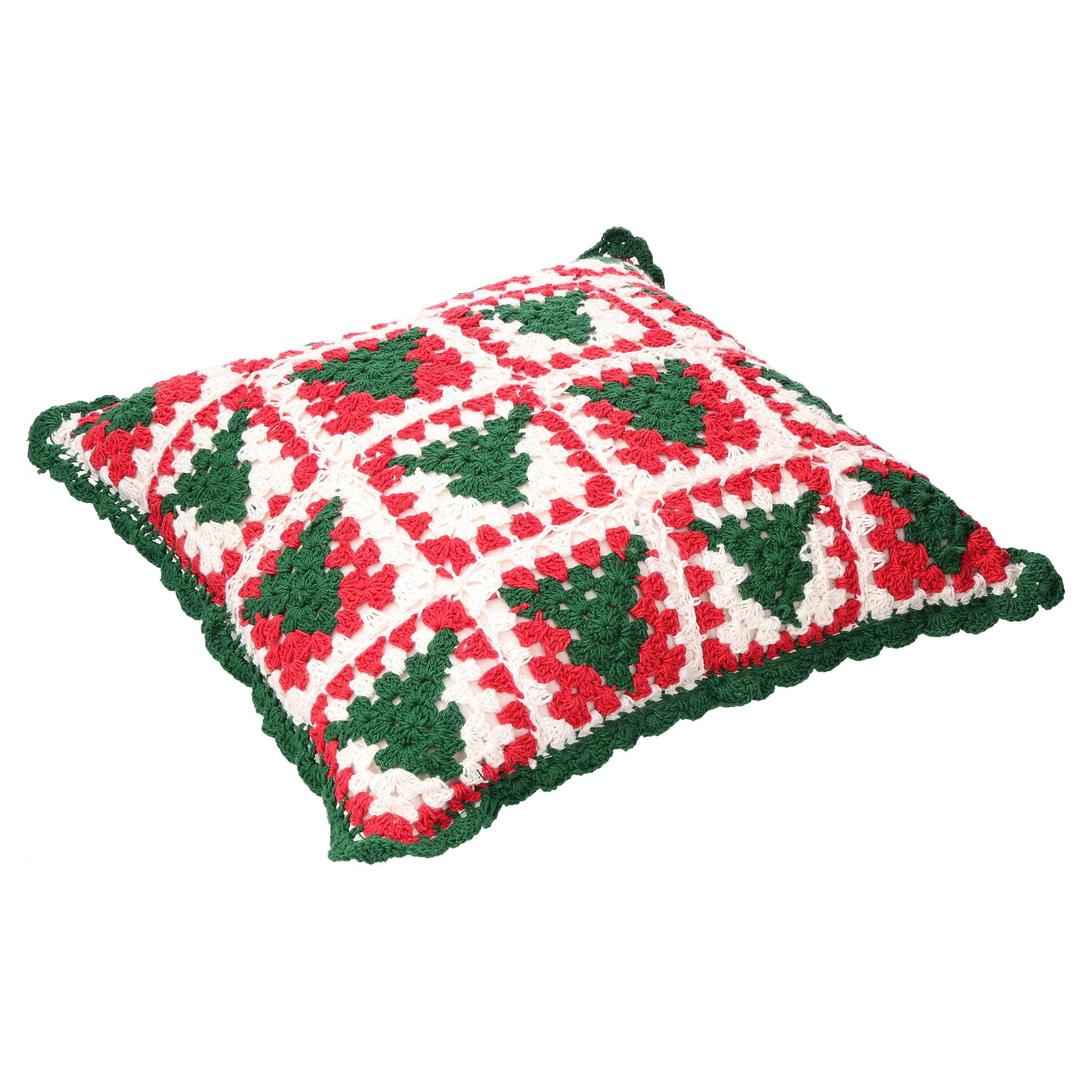 Granny Square Decorative Christmas Pillow, Red/White/Green, 14" x 14", by Holiday Time