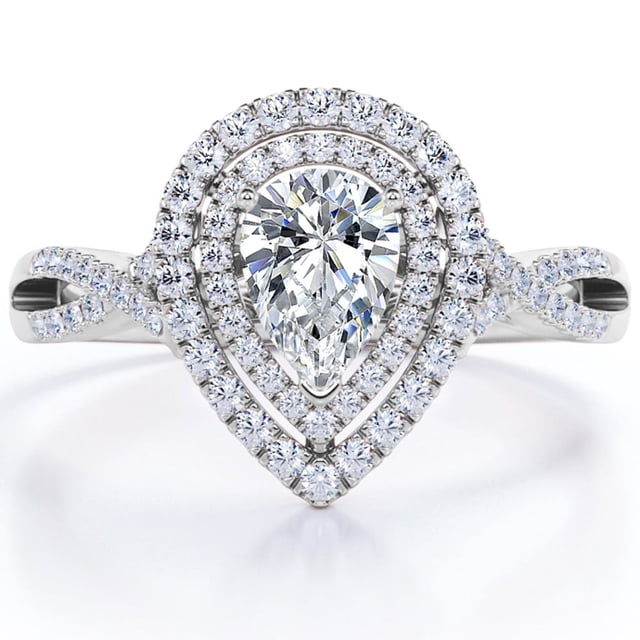 JeenMata Anillo de Compromiso con Halo Doble, Cuerpo Retorcido Infinito, Moissanita en Forma de Pera de 1,75 Quilates, Chapado en Oro Blanco de 18 K sobre Plata