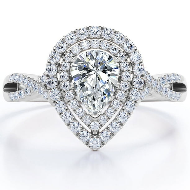 JeenMata Anillo de Compromiso con Halo Doble, Cuerpo Retorcido Infinito, Moissanita en Forma de Pera de 1,75 Quilates, Chapado en Oro Blanco de 18 K sobre Plata