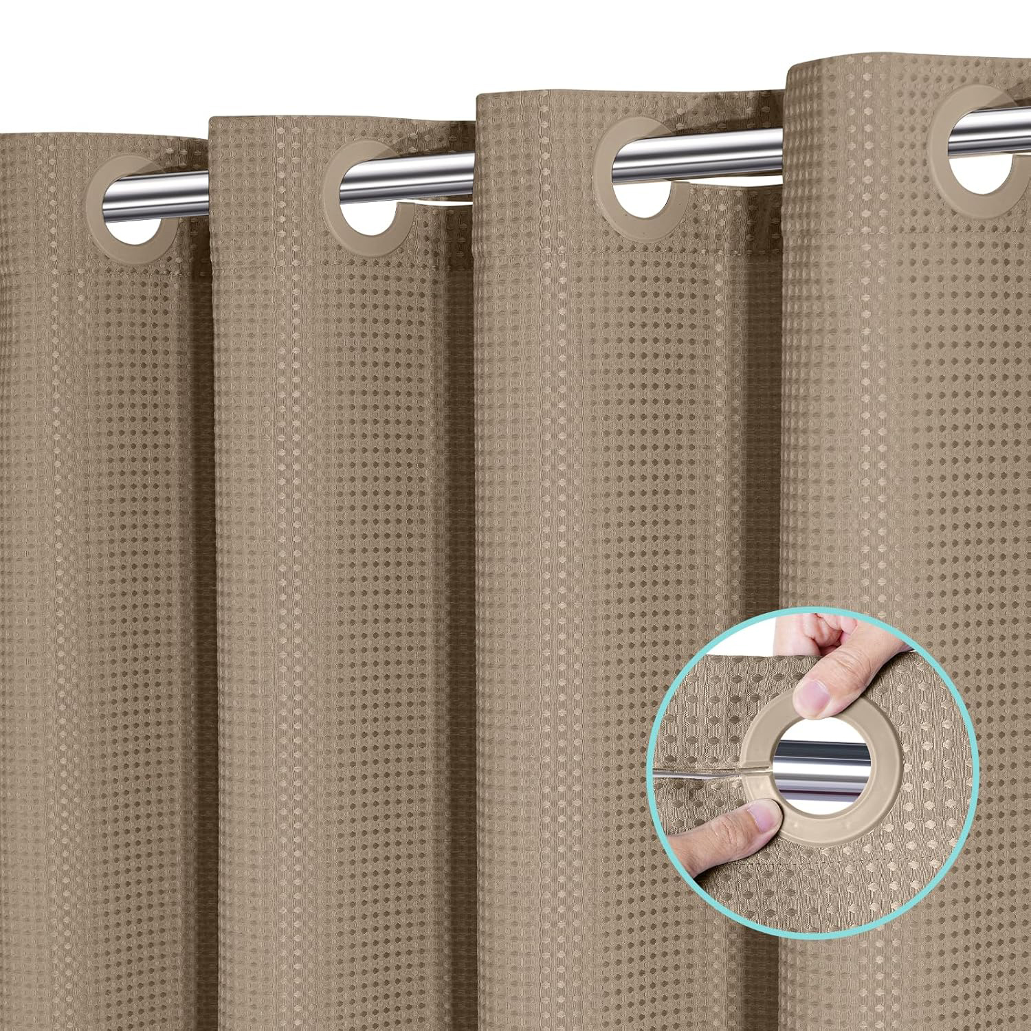 Waffle Weave Shower Curtains, No Hook Shower Curtains for Bathroom, DawnJoanHD Beige Polyester Fabric Shower Curtain with Built-in Rings, 72" x 74"