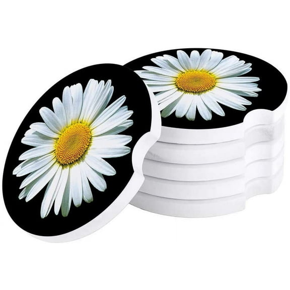 ZHANZZK White Daisy Black Set of 2 Car Coaster for Drinks, Absorbent Ceramic Stone Coasters Cup Mat with Cork Base for Home Kitchen Room Coffee Table Bar Decor