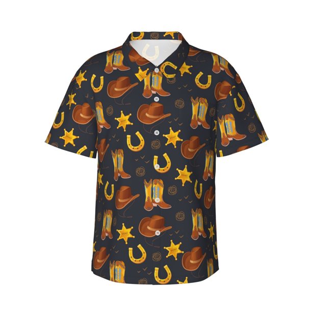 Fotbe Wild West Golden Horseshoe Camisa Hawaiana para Hombre Unisex – Camisa Casual de Verano con Botones de Manga Corta de Algodón y Lino,3X-Large