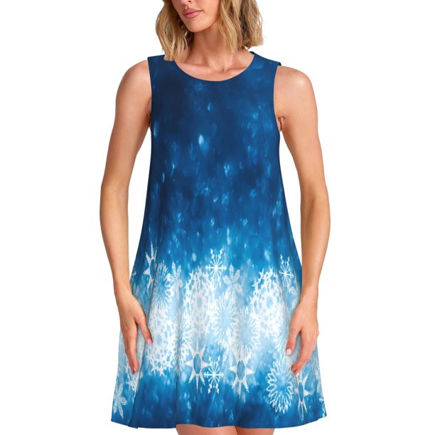 Fotbe Blue Glitter Sparkles Vestido de Verano sin Mangas para Mujer – Vestido Midi Línea A, Estilo Camiseta Floral, Vestido Playero Casual y Fluido