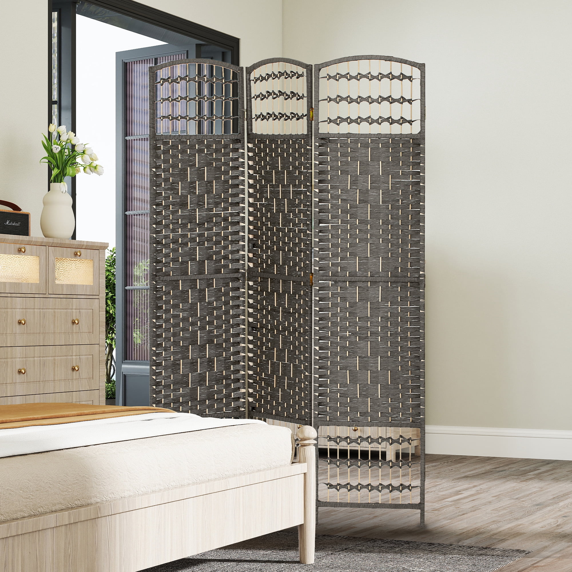 HOMCOM 3 Panel Room Divider, Folding Privacy Screen, 5.6' Room Separator, Wave Fiber Freestanding Partition Wall Divider, Dark Gray