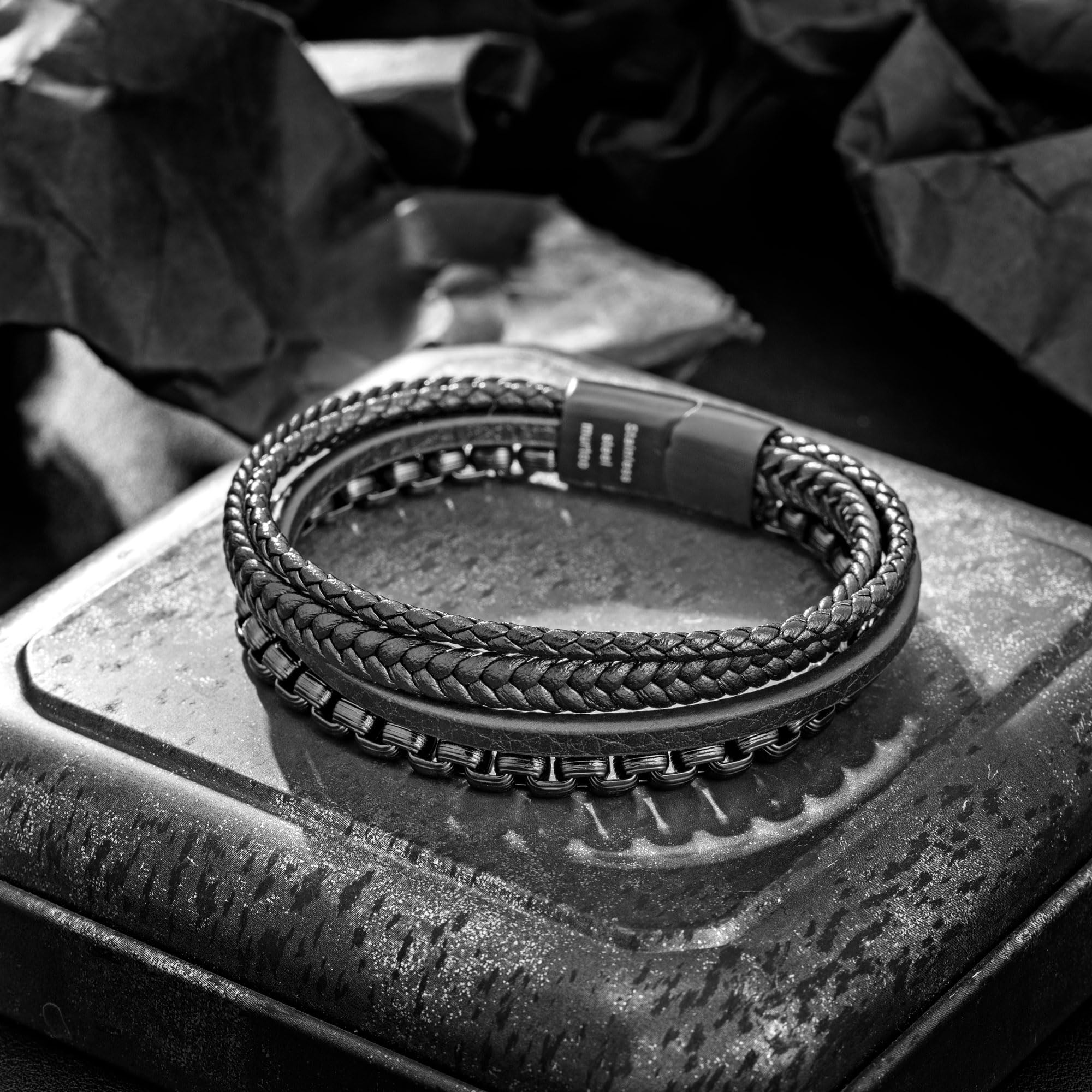 Speroto Mens Bracelets,Leather and Steel Bracelets, Chain Bracelets with Clasp,Steel Bracelets for Men