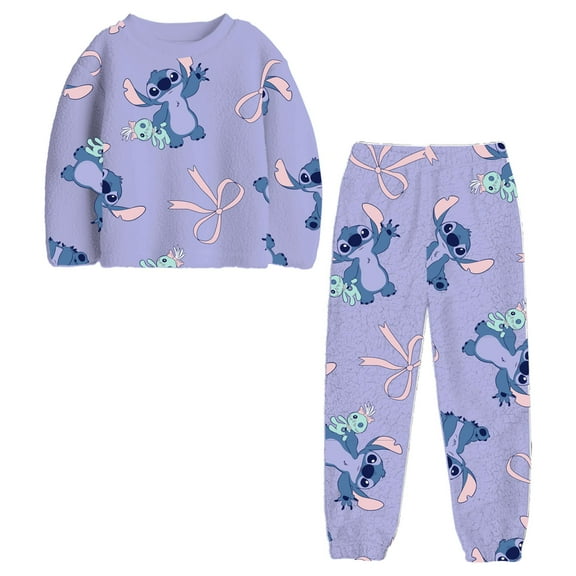 Girls' Plush Stitch with Bows Print 2-Piece Lounge Set, Purple Fleece Pullover Top and Lounge Sleep Pants