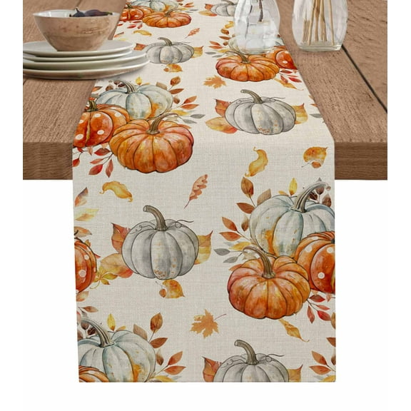 Orange Grey Pumpkins Fall Burlap-Cotton Table Runner 36 Inches Long,Thanksgiving Botanical Vintage Farmhouse Table Runners,Outdoor Dining Tablecloths Decor for Baby Shower Party Wedding 13x36