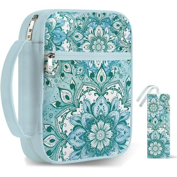 1pc Bible Covers with Handle 12x8.7 inch Lotus Large Zippered Carrying Book Case Turquoise Bible Protective with Pocket and Bookmarks for Women Men Bible Note Books Carrying Accessories Colorful