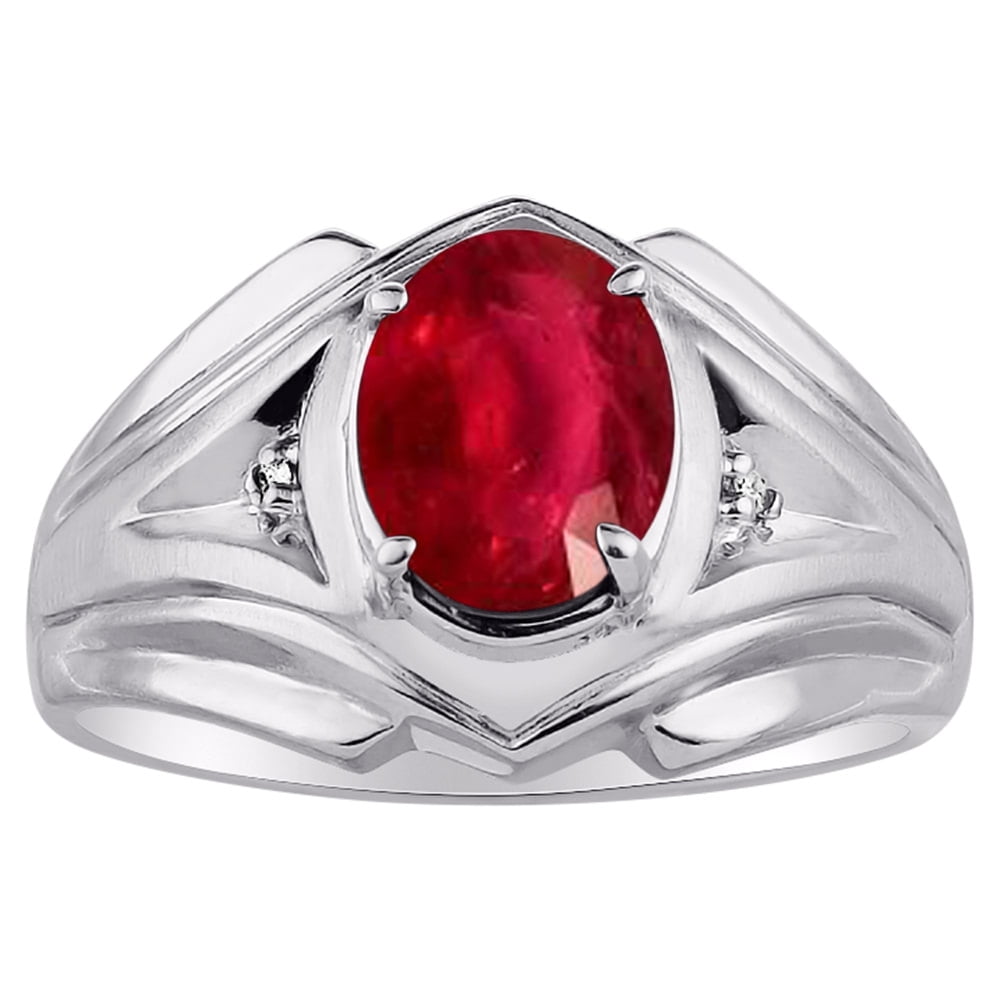 Mens Ruby & Diamond Ring Sterling Silver or Yellow Gold Plated Band