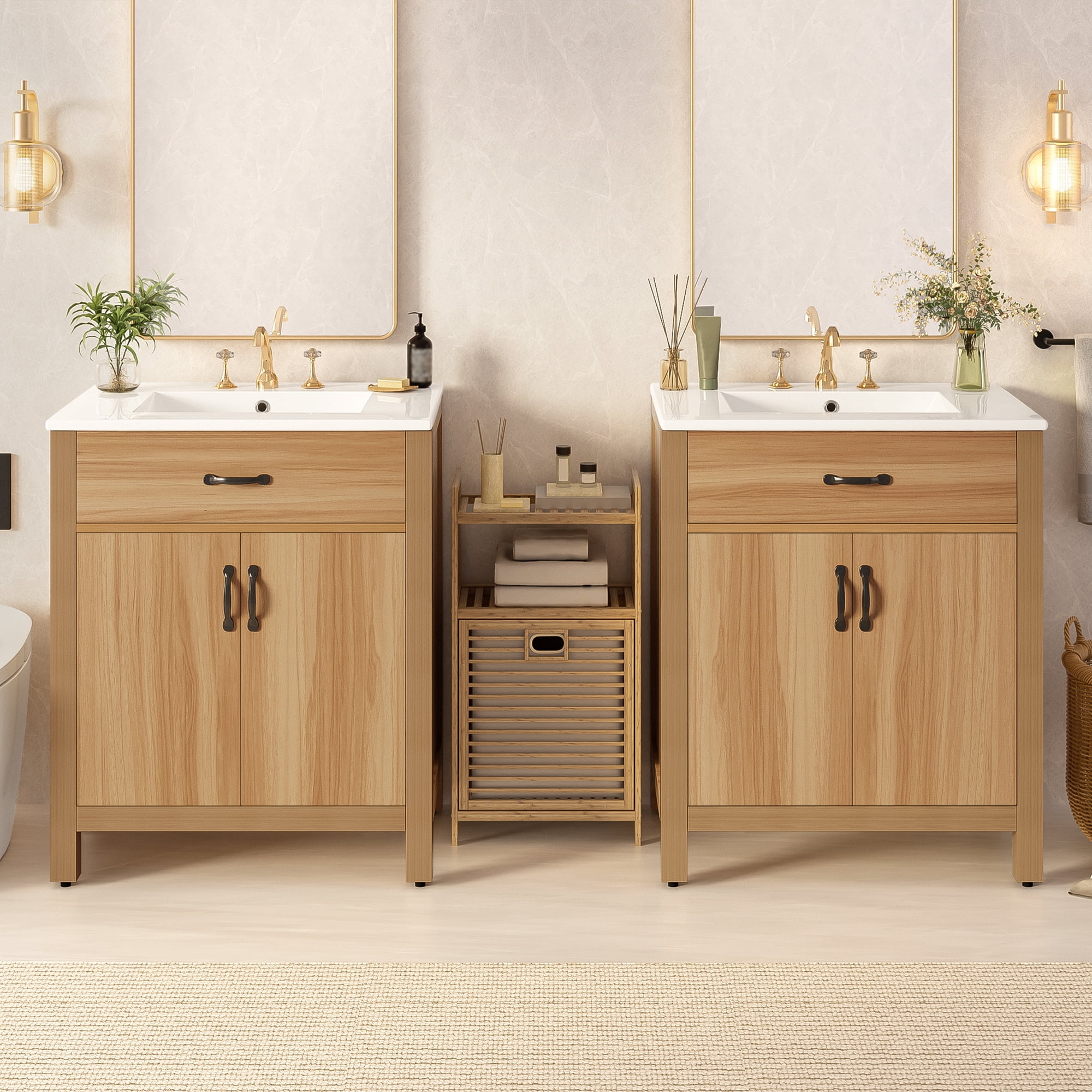 Euroco 60" Wood Bathroom Vanity with Solid Wood Frame, 4 Soft Close Doors,2 Flip Drawer, Adjustable Shelf, Modern Storage Cabinet