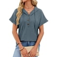 thumbnail image 2 of Women Summer Tops Waffle Knit Short Sleeve Drawstring Hoodies Button V Neck Casual Blouses Shirts Gray-Blue M, 2 of 9