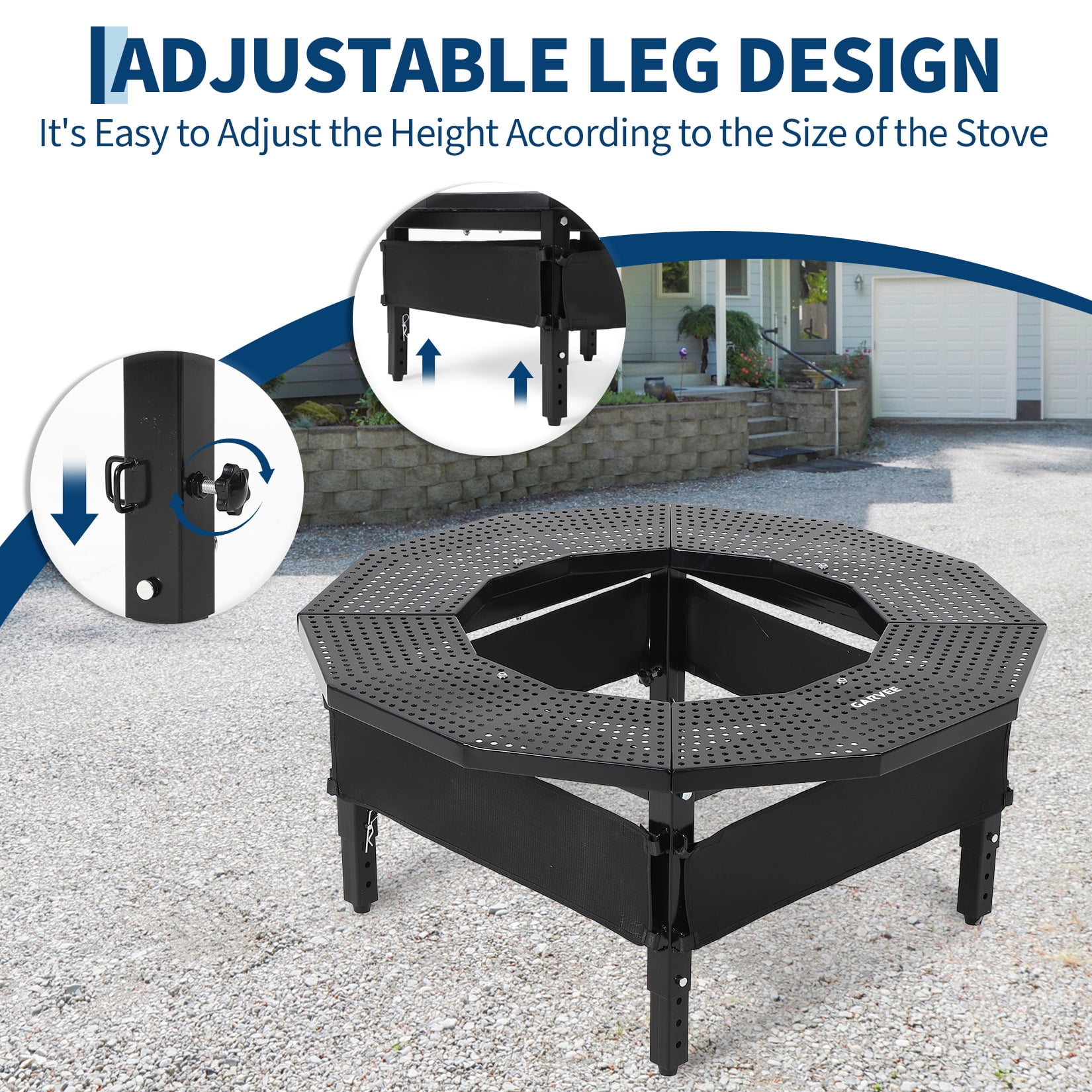 Black Fire Pit Table Surround – 360° Safety Barrier for Solo Stove, Heavy Duty Q235 Steel Campfire Table, UV-Resistant Outdoor Patio Accessory, Rustproof Metal Portable Fire Pit Stand