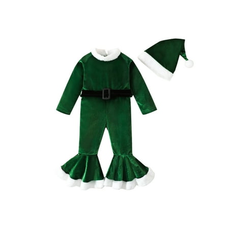 

Pudcoco Girl Christmas Jumpsuits Long Sleeve Round Neck Flared Jumpsuit Belt Fur Ball Hat