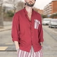 thumbnail image 4 of Blusa informal con botones, talla M, color rojo, camisa de manga larga con cuello y costuras en contraste para hombre, 4 of 6