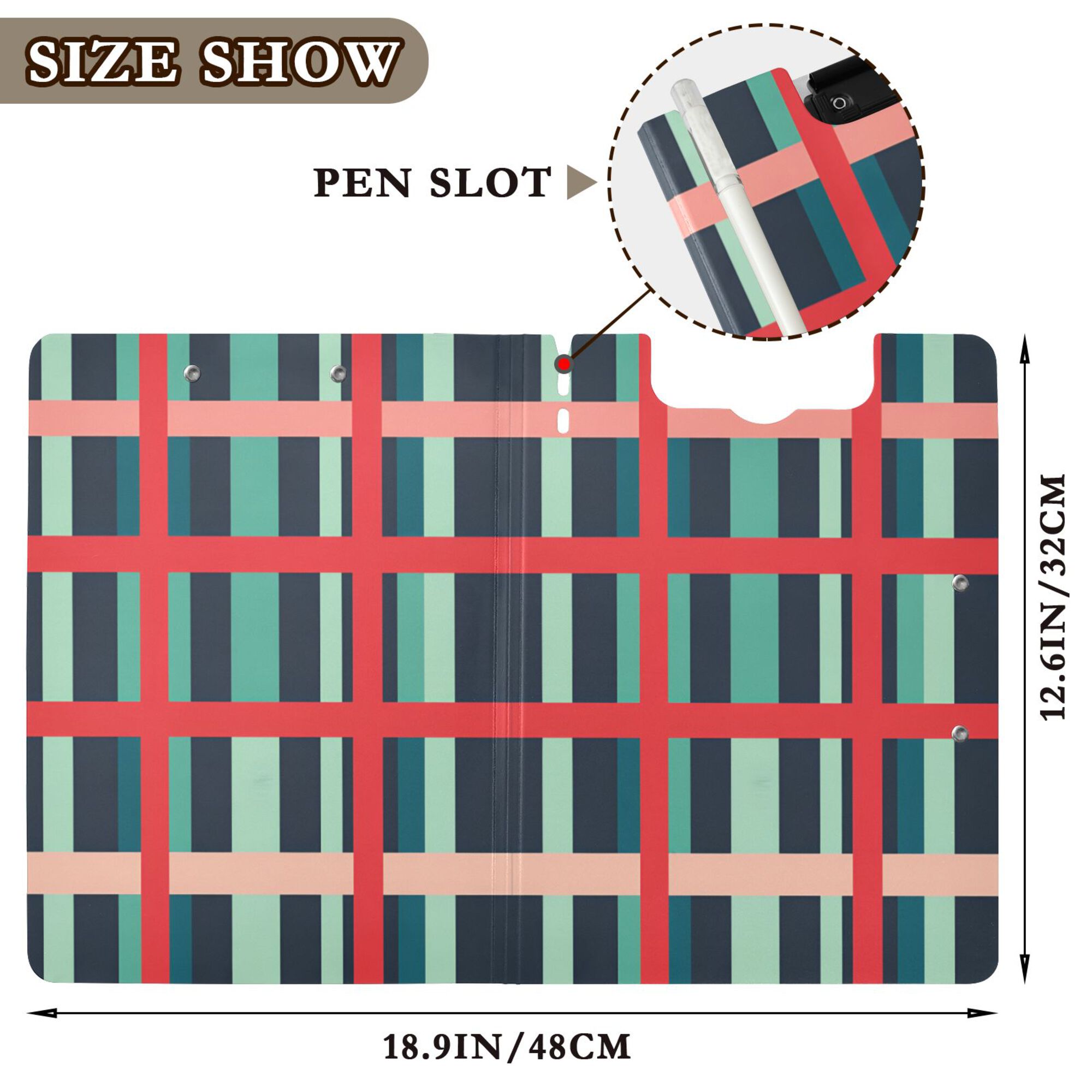 FORMRS A4 Clipboard Folder with Pen Holder Horizontal Foldable School Office Binder, Green Plaid