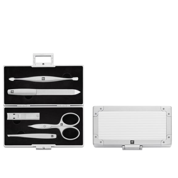 ZWILLING Manicure Set (5 piece, aluminum case for nail care and pedicure, velvet inlay with compact nail clipper), Premium, Black