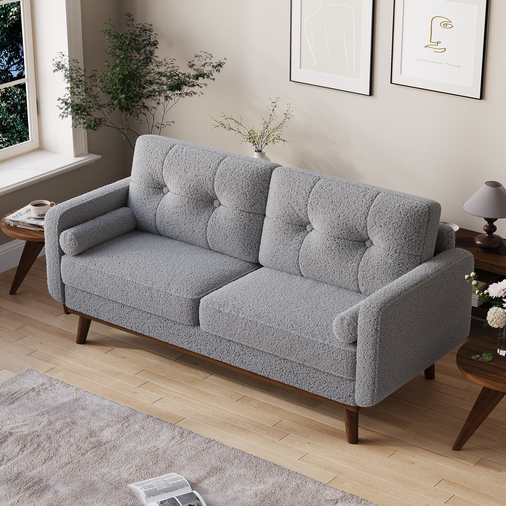 65" Loveseat Sofa, Mid Century Modern Couch Comfy Love Seat Couches for Living Room, 2 Seater Deep Seat Couch Teddy Fleece Boucle Upholstered Couches for Bedroom Office Small Space, Beige
