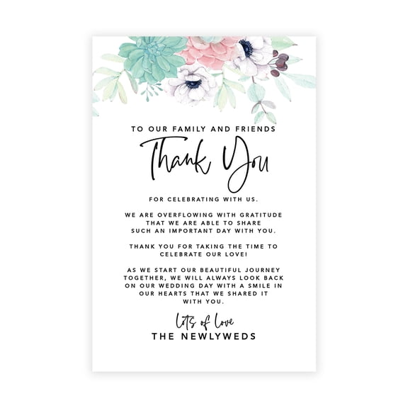 Koyal Wholesale Wild Flowers Wedding Thank You Place Setting Cards for Table Reception, Dinner Plates, 56-Pack