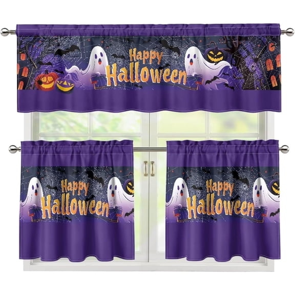 Cute Ghost Kitchen Curtains Window Halloween Curtains Valance and Tier Set 3 Piece Set Rod Pocket Short Curtains, Vintage Farmhouse Kitchen Dining Room Decor