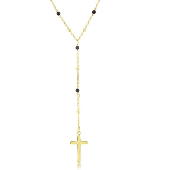 TheJewelryHut Fancy Designer Sterling Silver Onyx & Plain Beads by the Yard Cross Rosary Necklace - Gold Plated