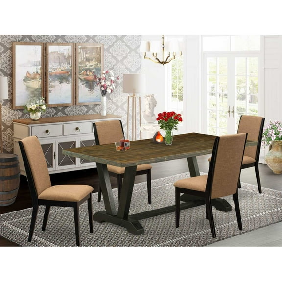 East West Furniture V677LA147-5 5-Piece Modern Dining Room Set a Superb Distressed Jacobean Kitchen Table Top and 4 Attractive Linen Fabric Padded Chairs with Stylish Chair Back, Wire Brushed...